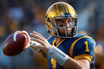 Quarterback prepares to throw a pass during an exciting football game in bright afternoon sunlight at the stadium