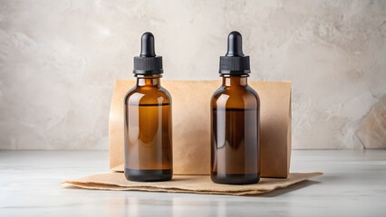 Two amber glass bottles with droppers sit on a white table, next to a kraft paper roll