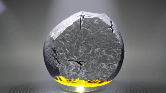 A lifeless gray stone melts from within and transforms into flowing liquid gold in a vivid cinematic close-up of elemental alchemy and transformation
