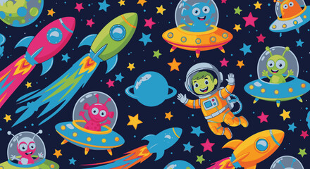 Naklejka premium A cheerful space-themed illustration featuring friendly aliens, rockets, and planets, perfect for kids' apparel or playful designs.