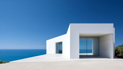 Minimalist architecture meets the ocean A serene white cube house overlooking the blue sea under a clear sky.