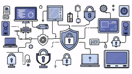 network security icons set showing digital locks and devices connected in data flow diagram