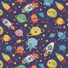 Naklejka premium A whimsical and colorful seamless pattern featuring adorable cartoon aliens, friendly planets, and rockets soaring through a starry cosmic space.