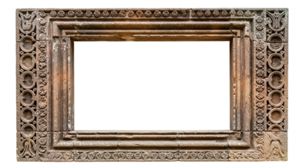 Detailed shot of an ancient, intricately carved stone window frame, perfect for design.