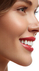 Fototapeta premium Beautiful woman smiling with red lipstick and white teeth side profile close up, showing healthy skin and natural makeup