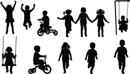 Silhouette children playing outdoor vector illustration design for kids activities and childhood moments fun. Vector illustration.