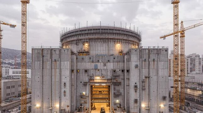 A modern industrial construction site featuring a large, cylindrical structure under development, surrounded by cranes and machinery. The scene captures a dynamic work environment.