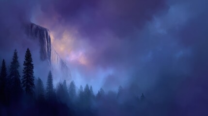 Fototapeta premium Water cascades from a cliff, surrounded by tall trees and mist