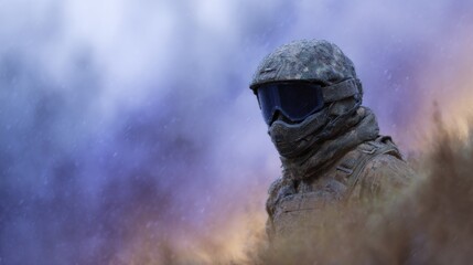 A soldier waits for orders, blending into the foggy, colorful haze