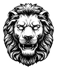 Obraz premium Majestic Angry Lion Head Statue with Blank Eyes Black and White Outline Line Art Drawing