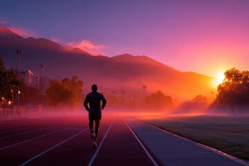 Runner enjoys a tranquil morning jog on a track surrounded by mist and mountains during sunrise