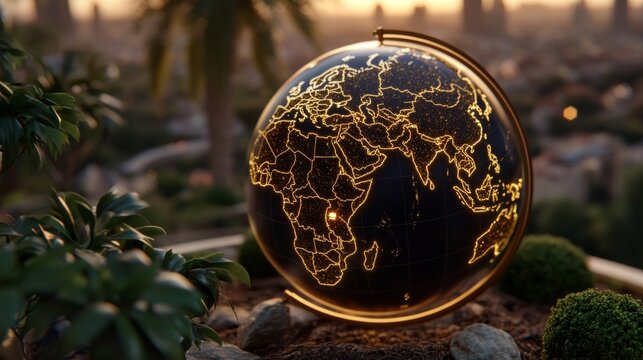 Illuminated globe showing africa and asia on a rooftop garden with city skyline in the background