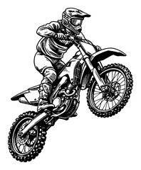 Motocross Rider Performing Trick with Bike Black and White Outline Line Art Drawing Vintage Engraving