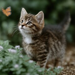 Fototapeta premium Playful tabby kitten intently watches a butterfly fluttering nearby among flowers