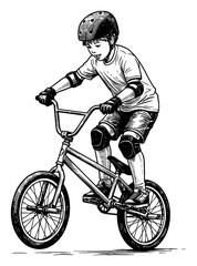 Naklejka premium Little Boy Doing Trick with BMX Bicycle in Action Wearing Safety Gear Black and White Outline Line Art Drawing