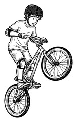 Naklejka premium Young Little Boy Performing Bicycle Trick on BMX Bike Wearing Helmet Black and White Outline Line Art Drawing