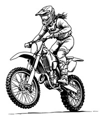 Dynamic Woman Rider Doing Action Trick on Motocross Bike Black and White Outline Line Art Drawing