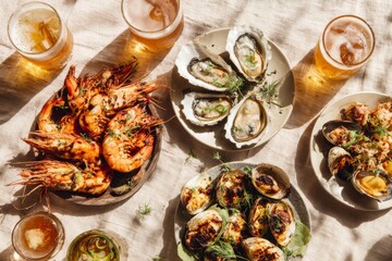 Seafood Feast Fresh Oysters, Grilled Shrimp, and Craft Beer on a Sunny Tablecloth