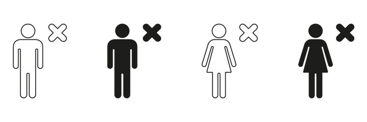 Male And Female Figures With Cross Icon Set. Gender Representation And Exclusion Symbol Collection. Visualizing Rejection Or Prohibition. Isolated Vector Illustration