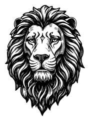 Obraz premium Majestic Lion Head Wild Animal Face Detailed Black and White Outline Line Art Drawing Fierce Portrait