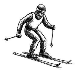 Man skiing downhill in full gear vintage Black and White Outline Line Art Drawing engraving style