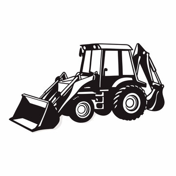 Illustration of a black and white backhoe loader featuring a front bucket and rear digging arm design created with generated ai