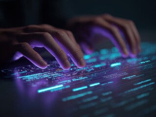 Hands typing on a futuristic glowing keyboard.