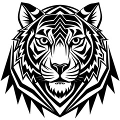 Obraz premium A stylized black and white tiger head with sharp geometric patterns and detailed facial features is shown created with generated ai