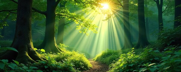 Obraz premium Sunbeams Illuminate Lush Green Forest, Creating Dappled Light and Shadow on the Forest Floor ? Magical, Serene Nature Scene