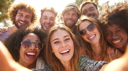 Group of friends selfie smiling bright sun happiness community diverse young adults positivity