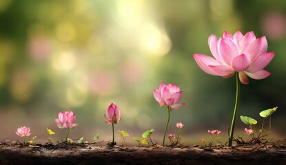 Lotus Blooming Stages of Growth from Seed to Flower, Pink Petals Unfolding in a Natural Garden Setting