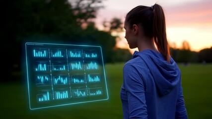 Woman viewing fitness data on futuristic display, sunset park background - Powered by Adobe