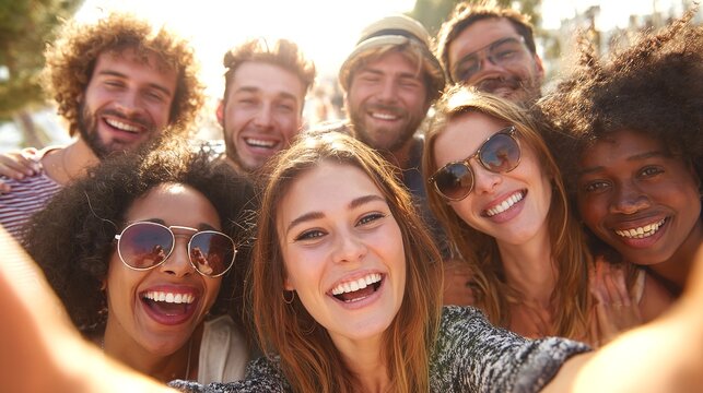 Group of friends selfie smiling bright sun happiness community diverse young adults positivity