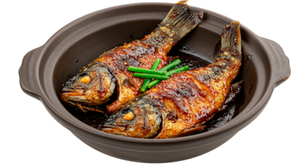 Two beautifully cooked braised fish in a ceramic bowl, ready to enjoy.