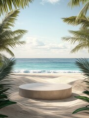 high detail visual of This 3D rendering depicts a summer beach scene with a podium for displaying products. high detail 8k