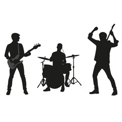 Silhouette of a band performing with a guitarist bassist and drummer on a white background stage view created with generated ai