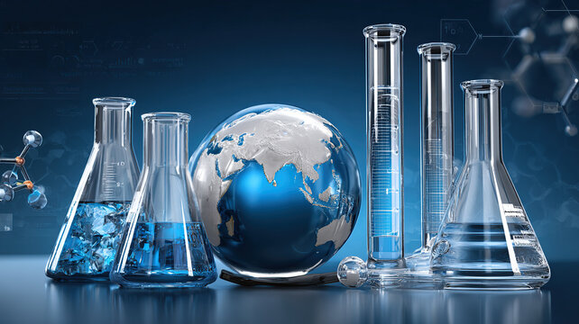 Laboratory glassware and globe global science research concept, World Youth Skills Day