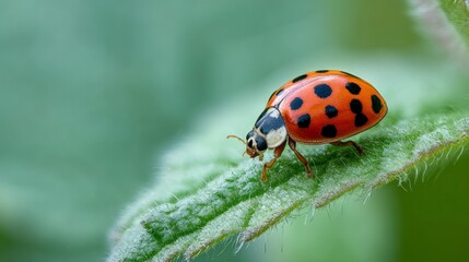 Fototapeta premium Ladybug on green leaf closeup