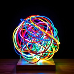 a vibrant neon light sculpture is displayed on a tabletop against a dark background