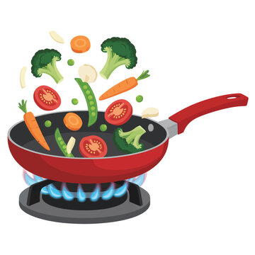 vegetables cooking in red pan clip art preview