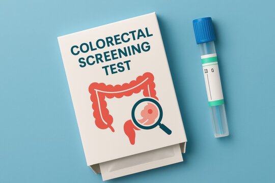 Colorectal Screening Test: A close-up view of a colorectal screening test kit, a symbol of proactive health management, with an illustration of the digestive system and a specimen container.