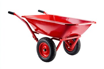 Red Two-Wheeled Wheelbarrow on White Background for Gardening and Construction Work