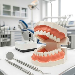 A dentist uses various dental tools to examine a patient's teeth and gums for oral health and hygiene