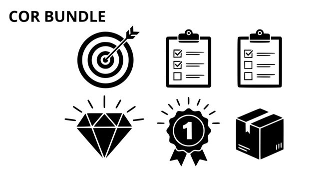 Six Business Icons Representing Goals Achievement and Quality Products