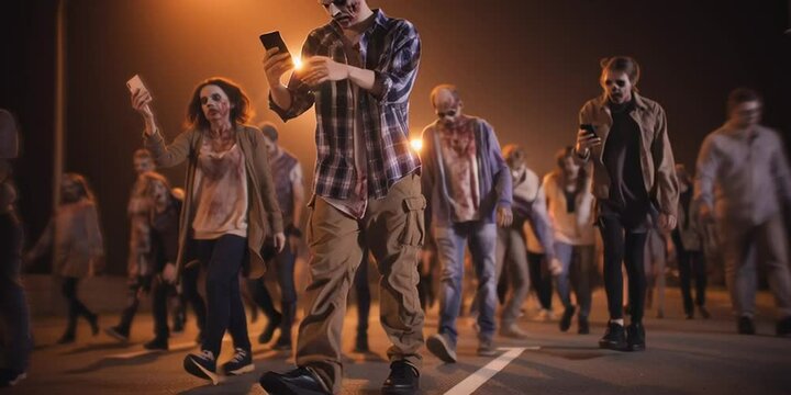 A zombie horde during an undead viral outbreak glued to their smartphones and mobile electronics devices using social media