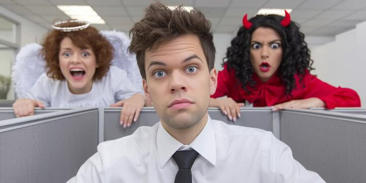 A man is in the office with his conscience yelling at him. One is a woman angel, and the other is a woman devil