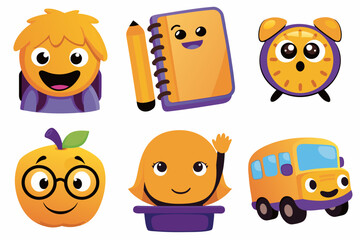 Colorful cartoon characters including a schoolboy, clock, and notebook. Back to School motive  
