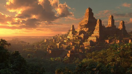 Obraz premium Ancient stepped pyramid temple bathed in golden sunset light, surrounded by dense jungle and dramatic cloudy skies.