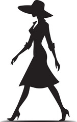 Elegant Silhouette of a Woman in a Wide-Brimmed Hat and Dress Walking Confidently