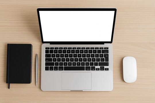 Flat lay photo of a clean and minimalist home office setup mockup a laptop with blank screen, black notebook, silver pen, and wireless mouse on a light wooden desk. Ideal for business.